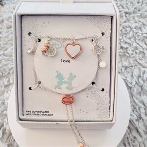 Disney Rose Gold & Silver Heart Charm Adjustable Bracelet. New